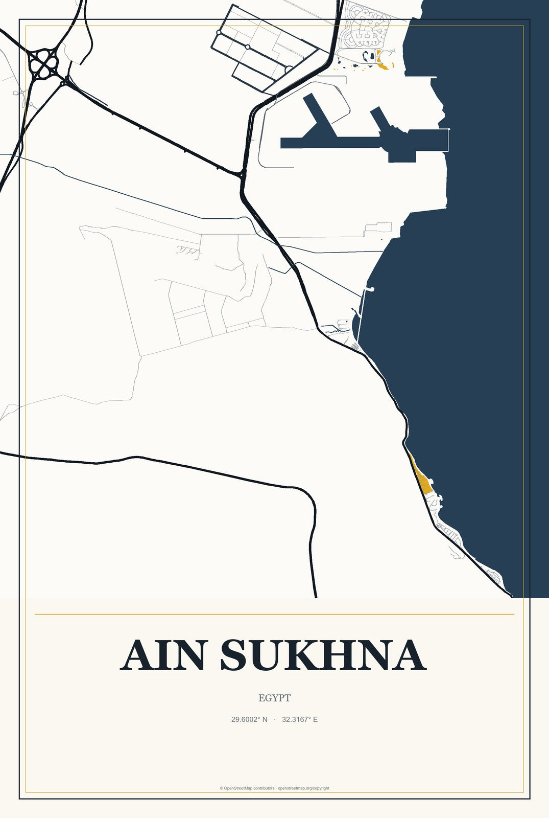 Ain Sukhna, Egypt City Map Aluminum Sign in Citrine Modern style