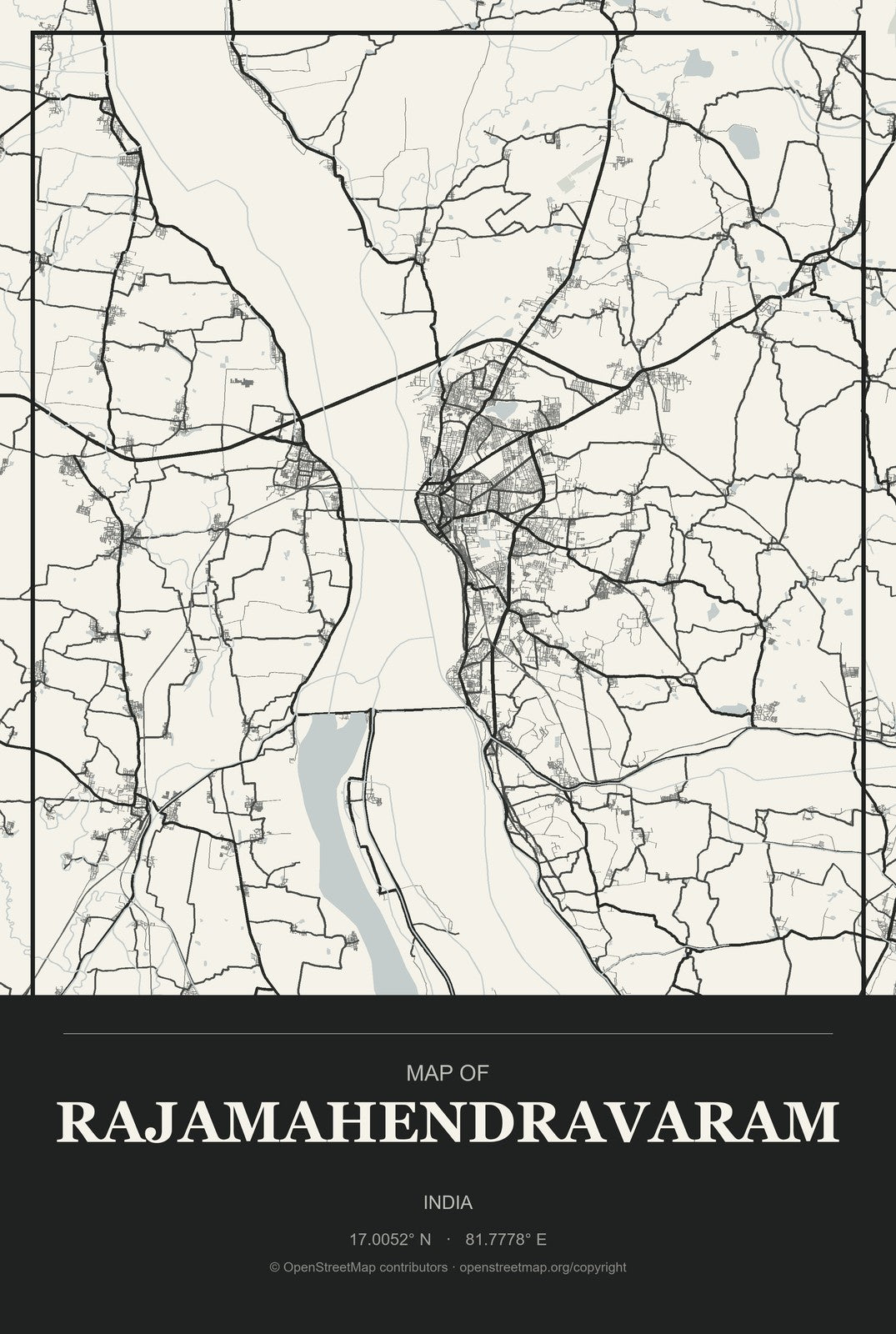 Rajamahendravaram, India City Map Aluminum Sign in Museum Plaque style