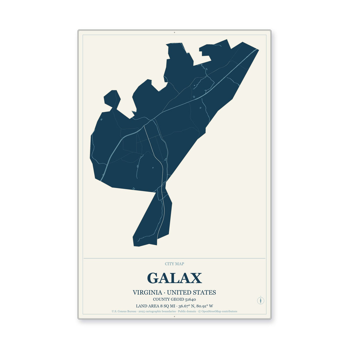 Galax city, Virginia Map Aluminum Sign in Coastal Cutout style