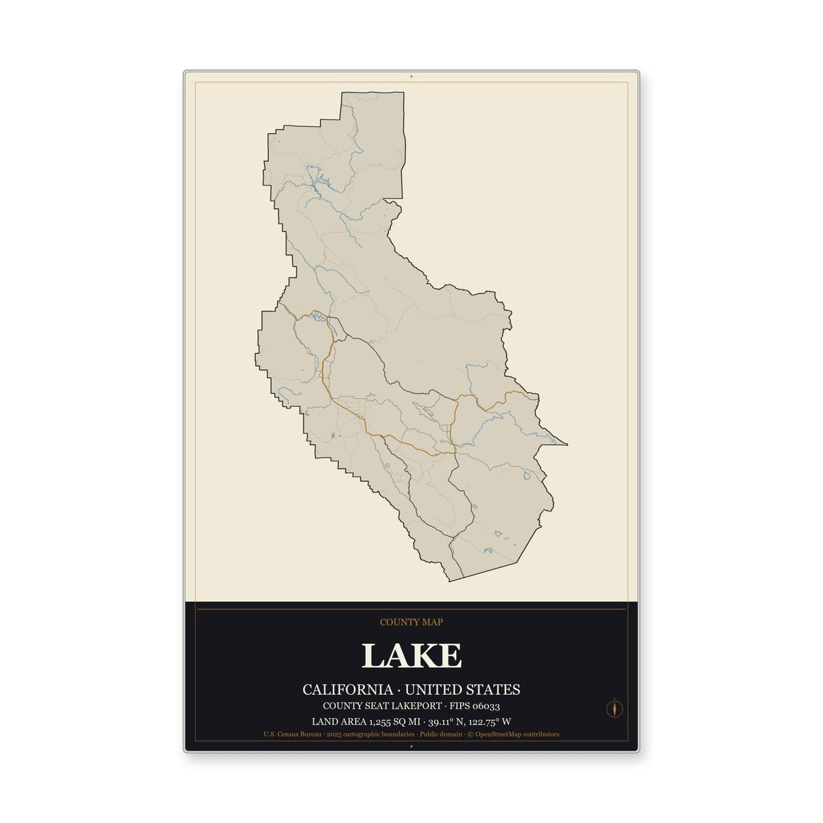 Lake County, California Map Aluminum Sign in Museum Plaque style