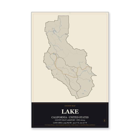 Lake County, California Map Aluminum Sign in Museum Plaque style