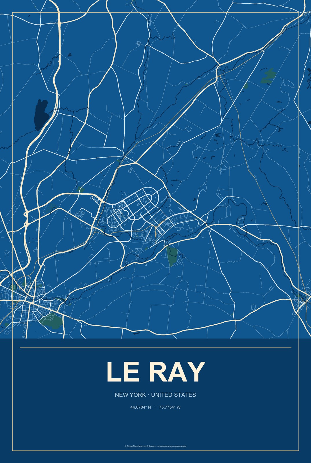 Le Ray, New York City Map Aluminum Sign in Harbor Cobalt style