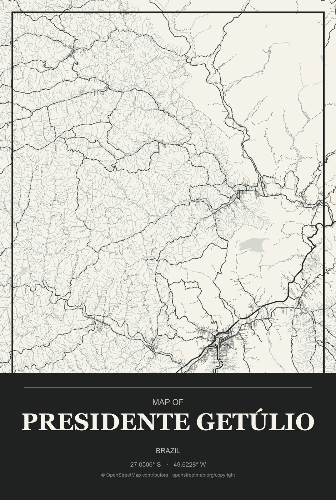 Presidente Getúlio, Brazil City Map Aluminum Sign in Museum Plaque style