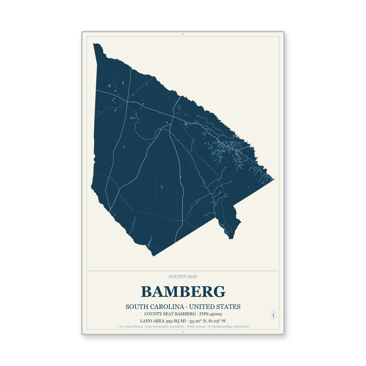 Bamberg County, South Carolina Map Aluminum Sign in Coastal Cutout style
