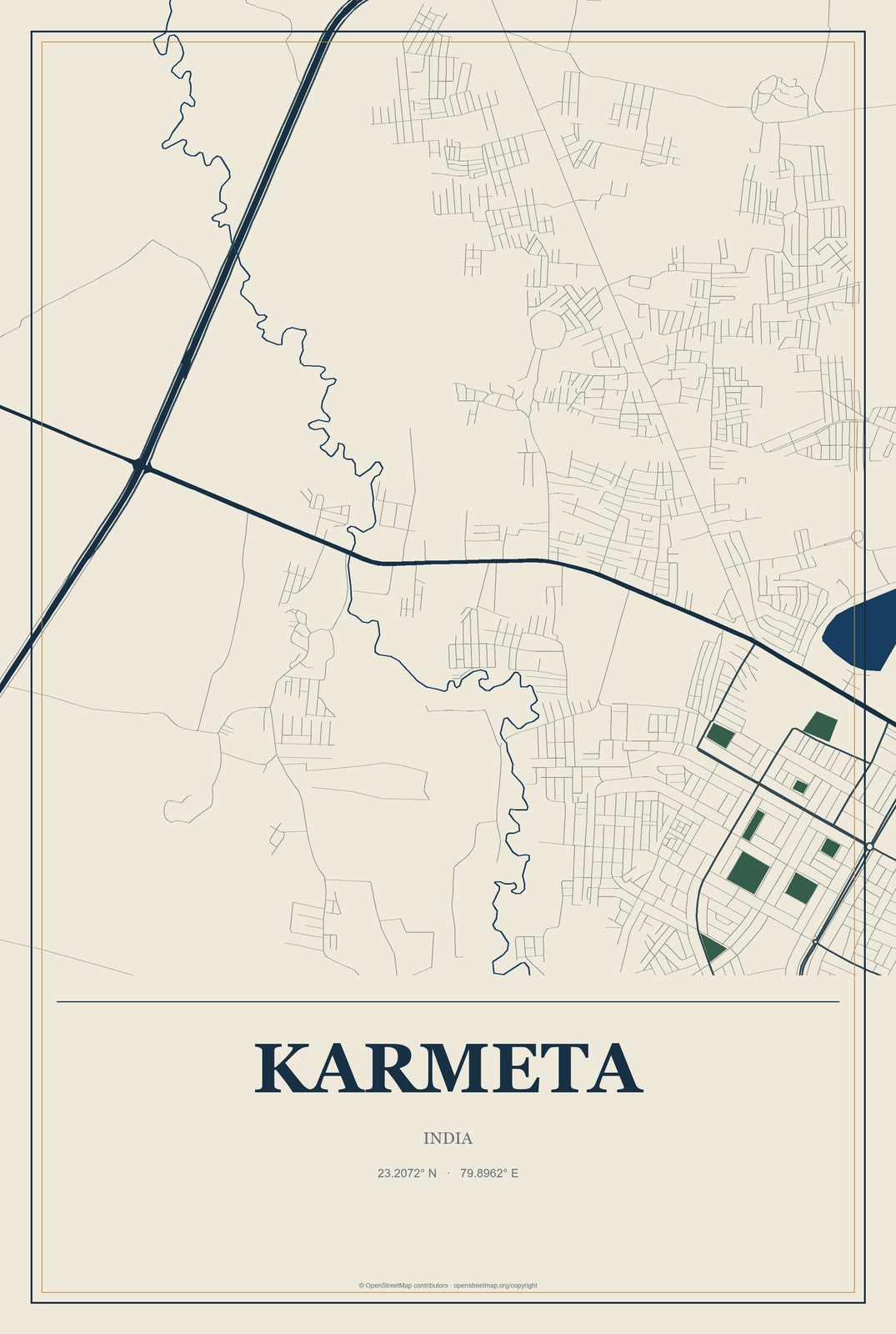 Karmeta, India City Map Aluminum Sign in Coastal Cutout style