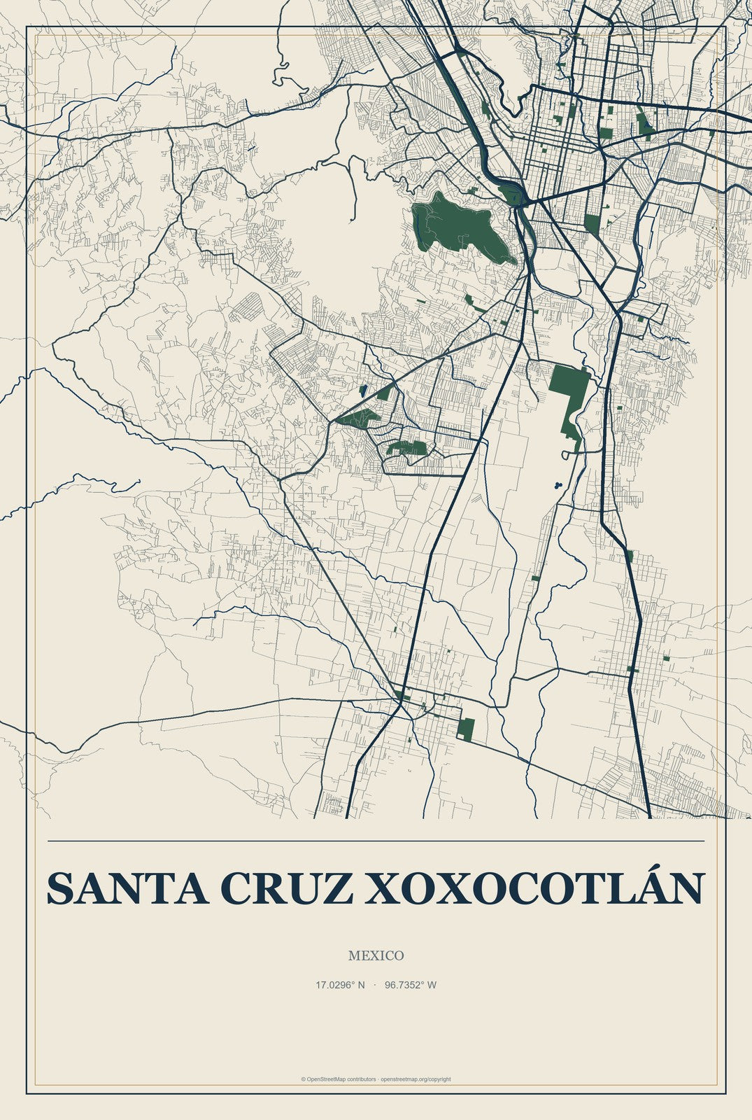 Santa Cruz Xoxocotlán, Mexico City Map Aluminum Sign in Coastal Cutout style