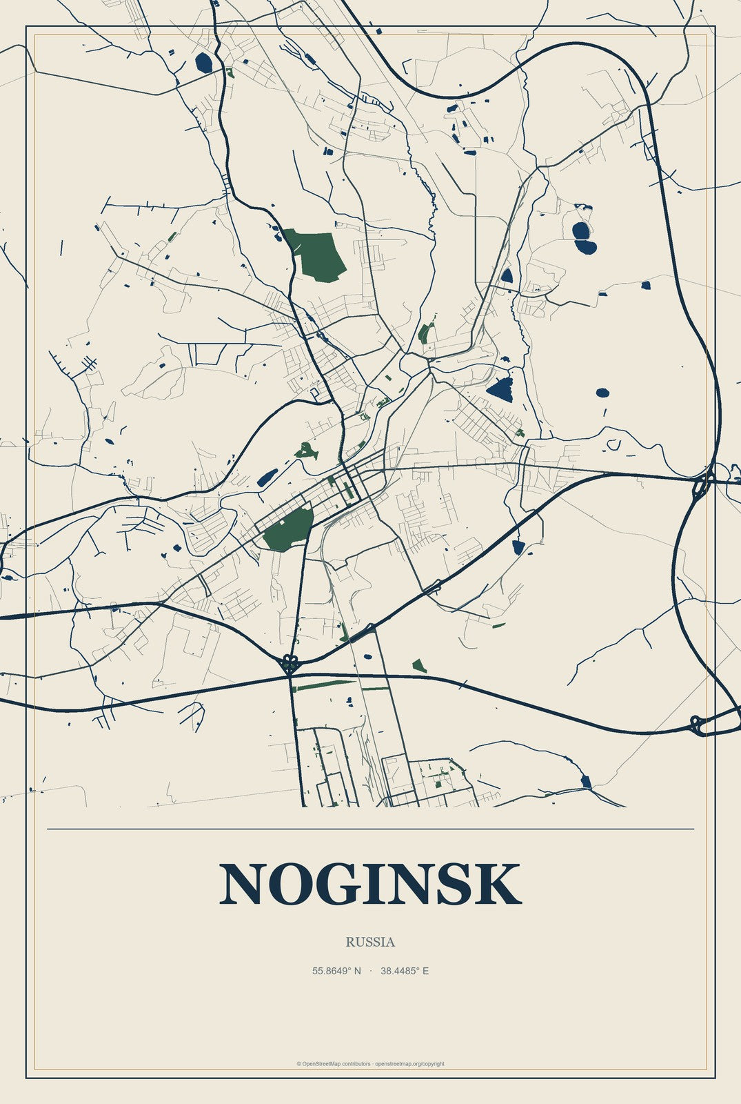 Noginsk, Russia City Map Aluminum Sign in Coastal Cutout style