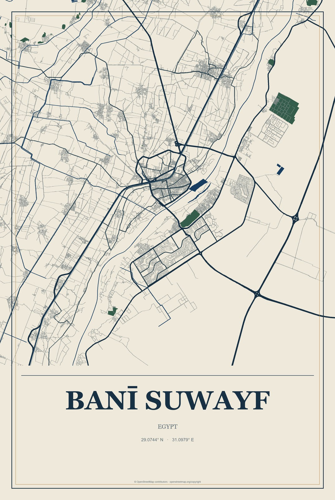 Banī Suwayf, Egypt City Map Aluminum Sign in Coastal Cutout style