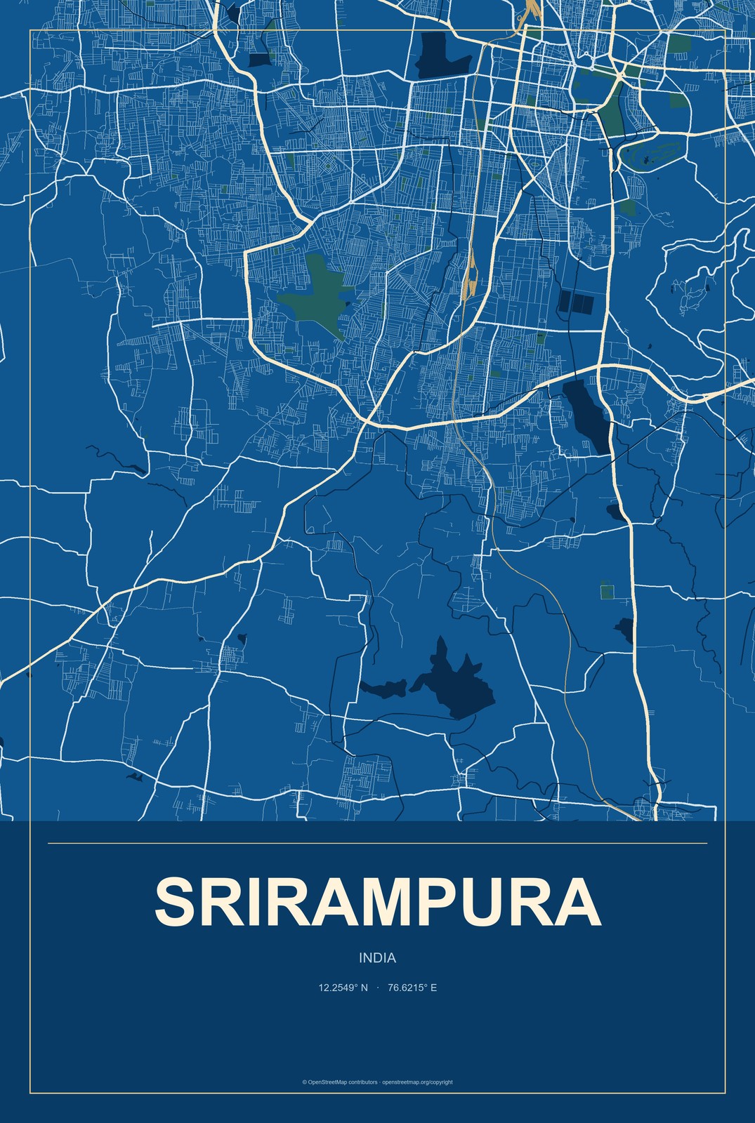 Srirampura, India City Map Aluminum Sign in Harbor Cobalt style