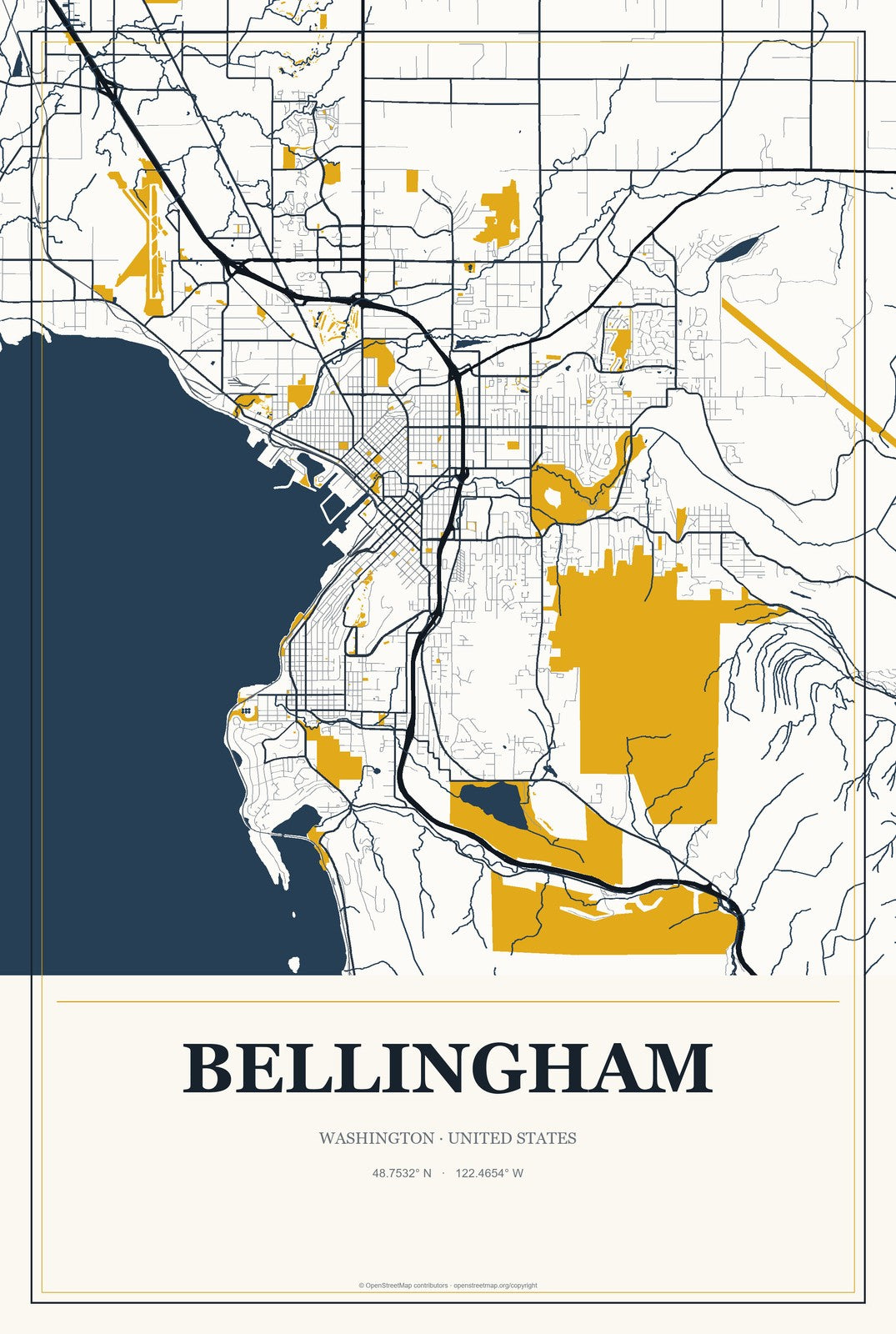 Bellingham, Washington City Map Aluminum Sign in Citrine Modern style