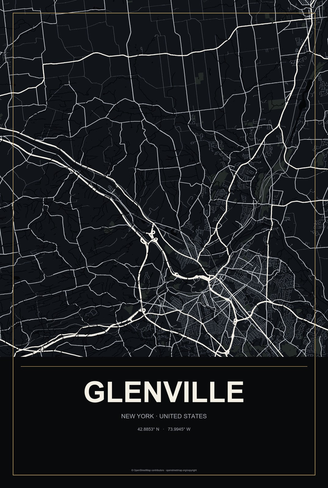 Glenville, New York City Map Aluminum Sign in Metropolitan Noir style