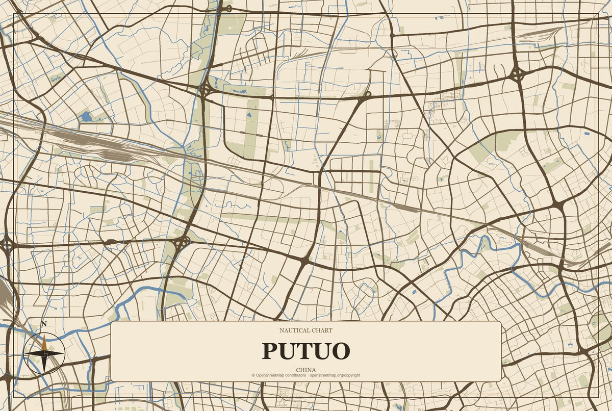 Putuo, China City Map Aluminum Sign in Heritage Nautical style