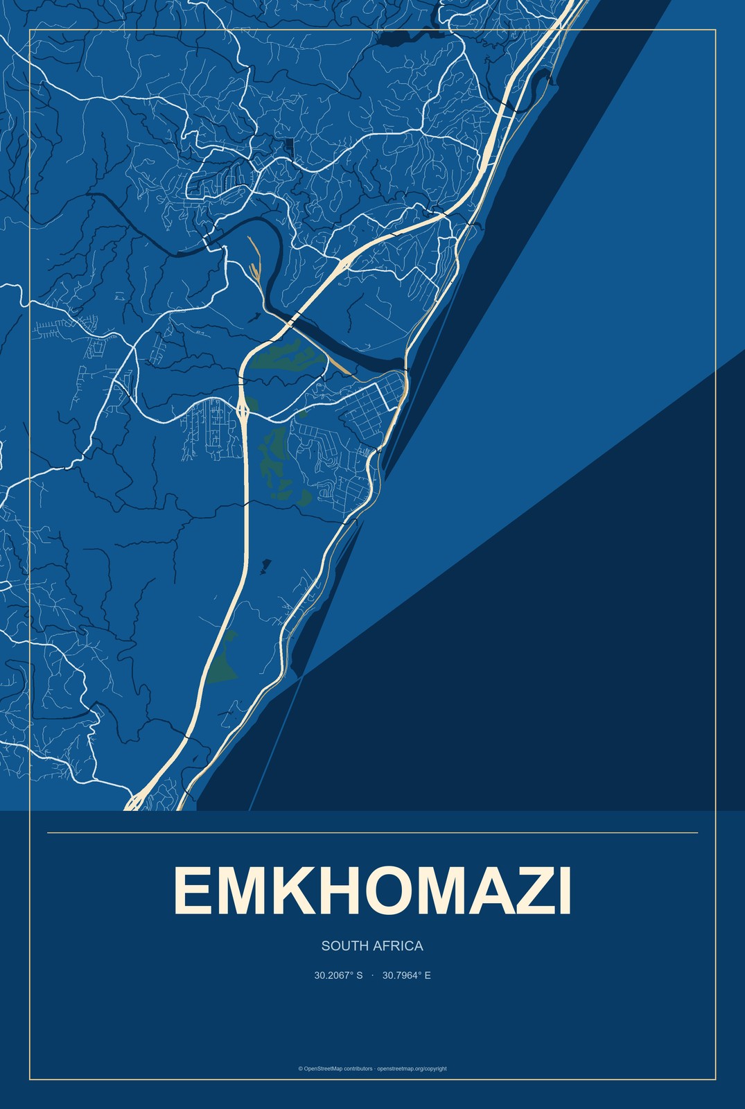 eMkhomazi, South Africa City Map Aluminum Sign in Harbor Cobalt style