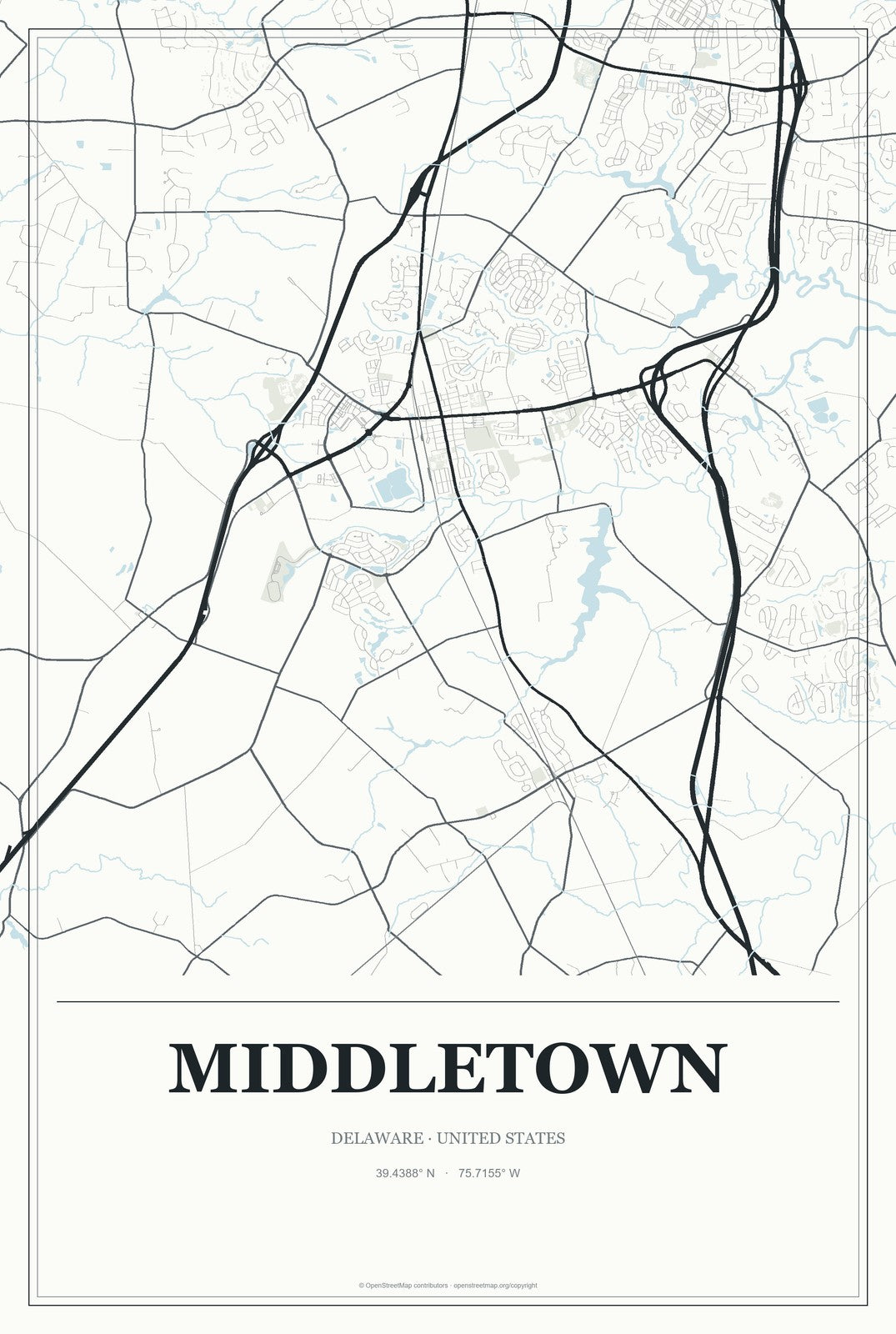 Middletown, Delaware City Map Aluminum Sign in Gallery Air style