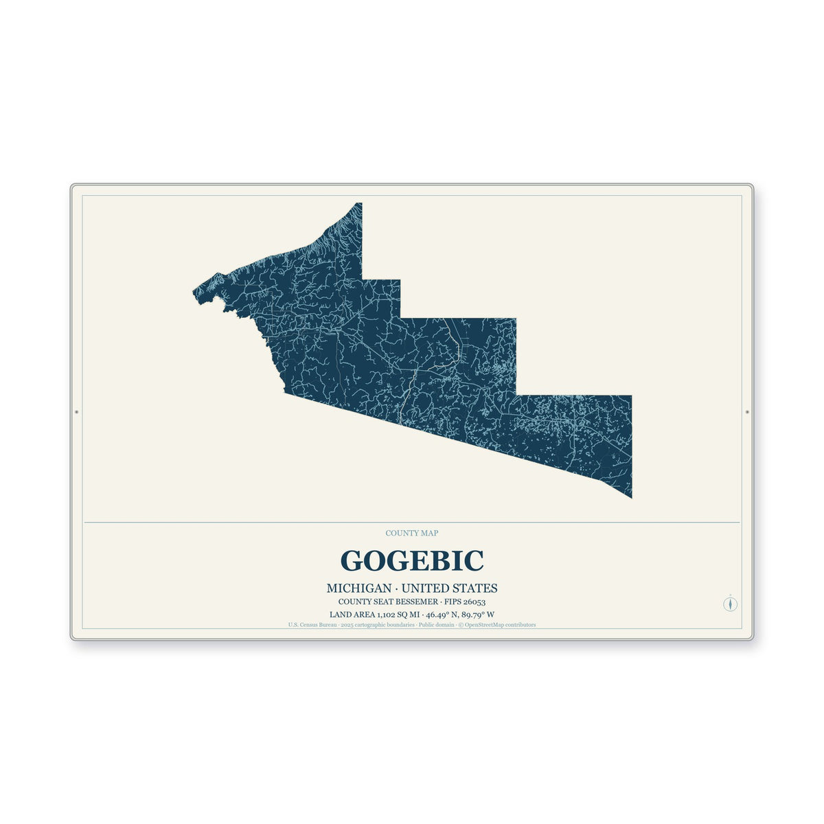 Gogebic County, Michigan Map Aluminum Sign in Coastal Cutout style