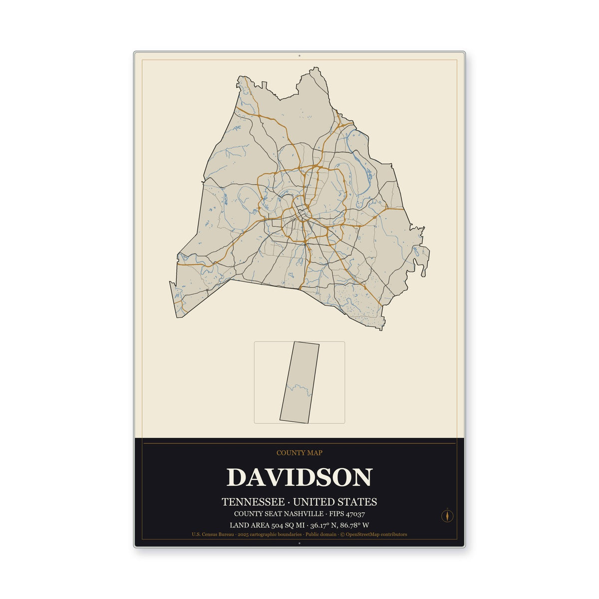 Davidson County, Tennessee Map Aluminum Sign in Museum Plaque style