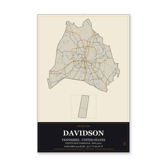 Davidson County, Tennessee Map Aluminum Sign in Museum Plaque style