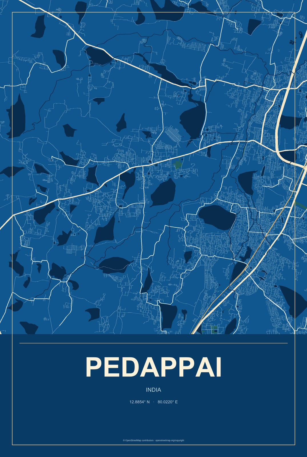Pedappai, India City Map Aluminum Sign in Harbor Cobalt style