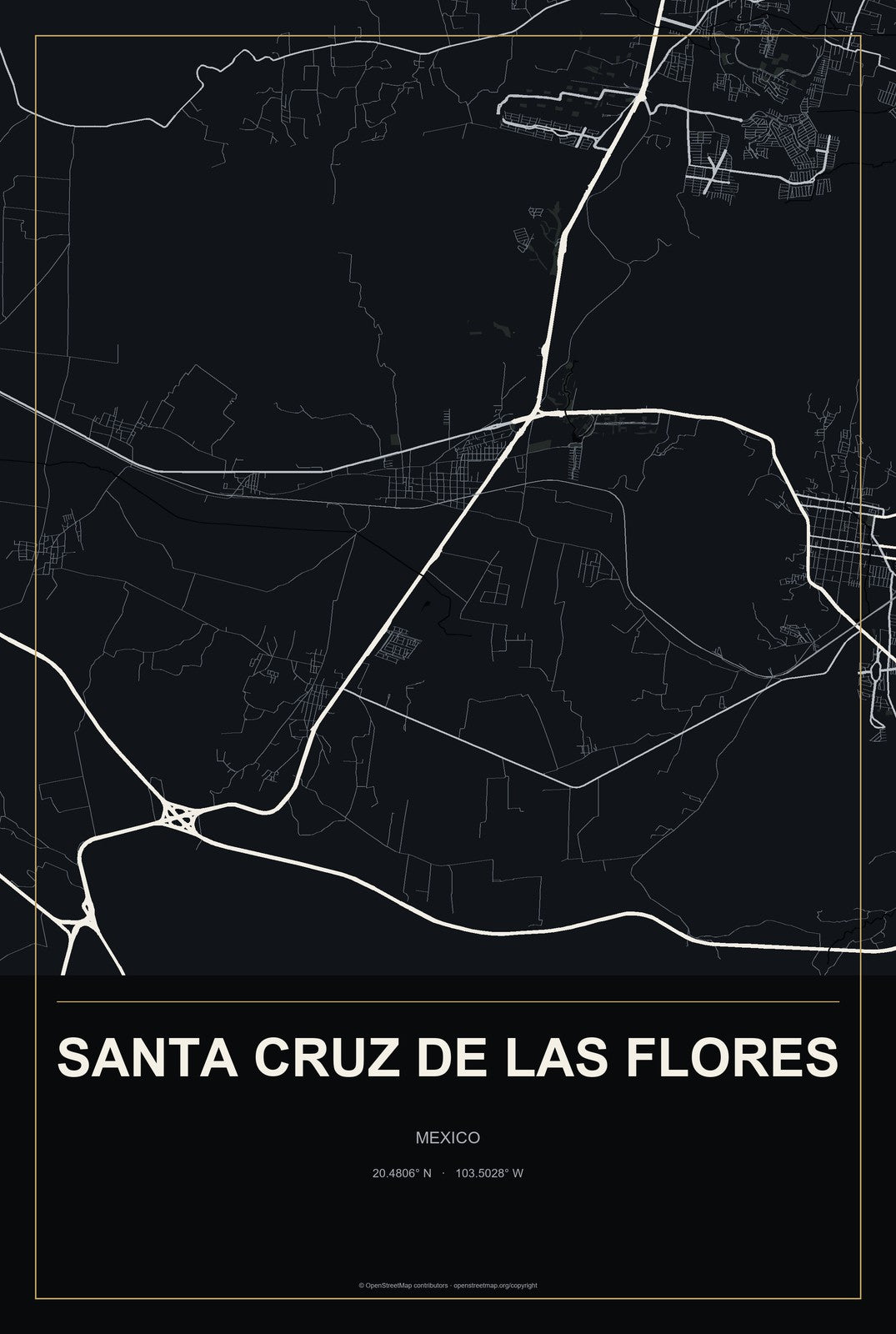Santa Cruz de las Flores, Mexico City Map Aluminum Sign in Metropolitan Noir style