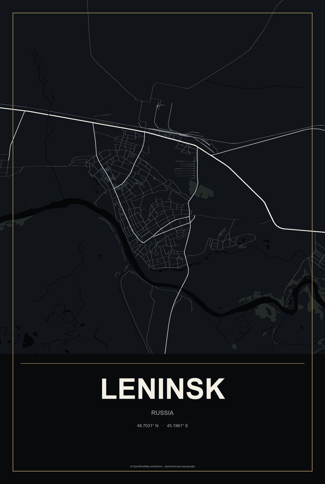 Leninsk, Russia City Map Aluminum Sign in Metropolitan Noir style