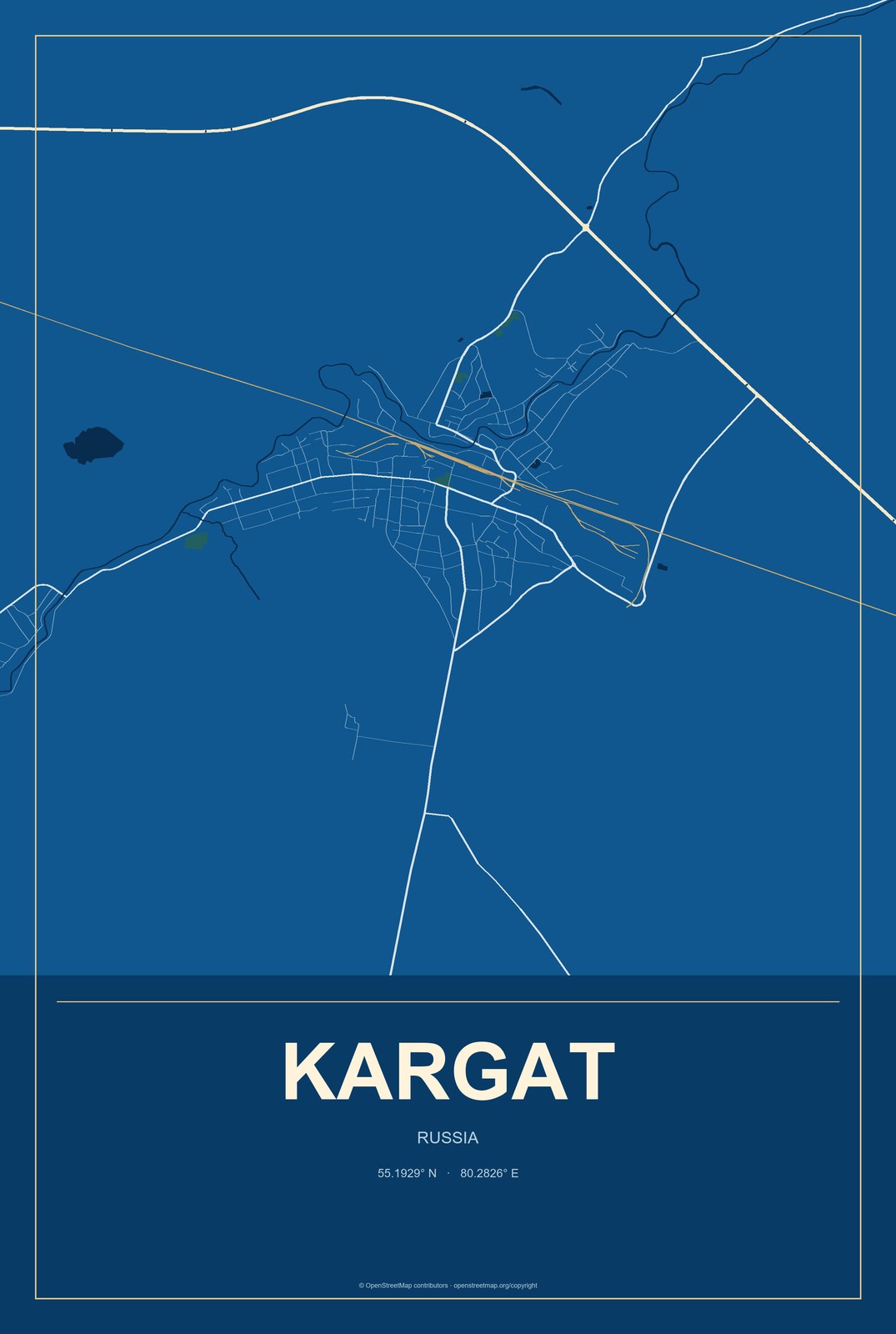 Kargat, Russia City Map Aluminum Sign in Harbor Cobalt style