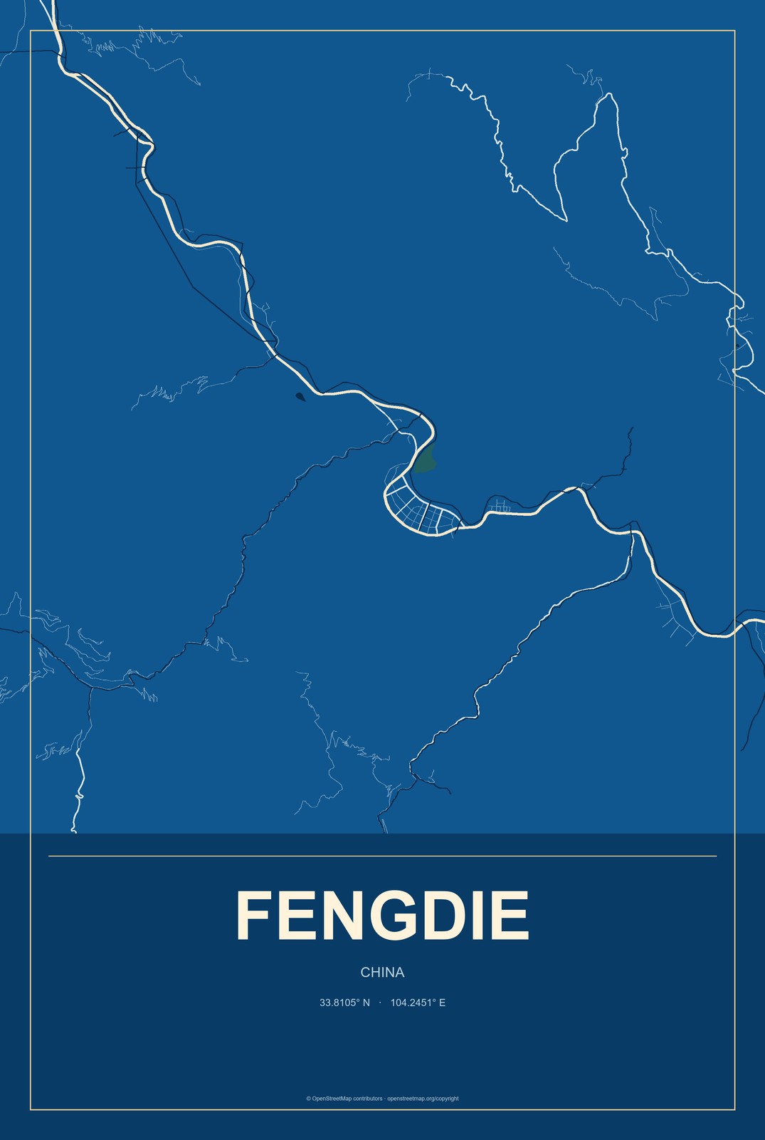 Fengdie, China City Map Aluminum Sign in Harbor Cobalt style