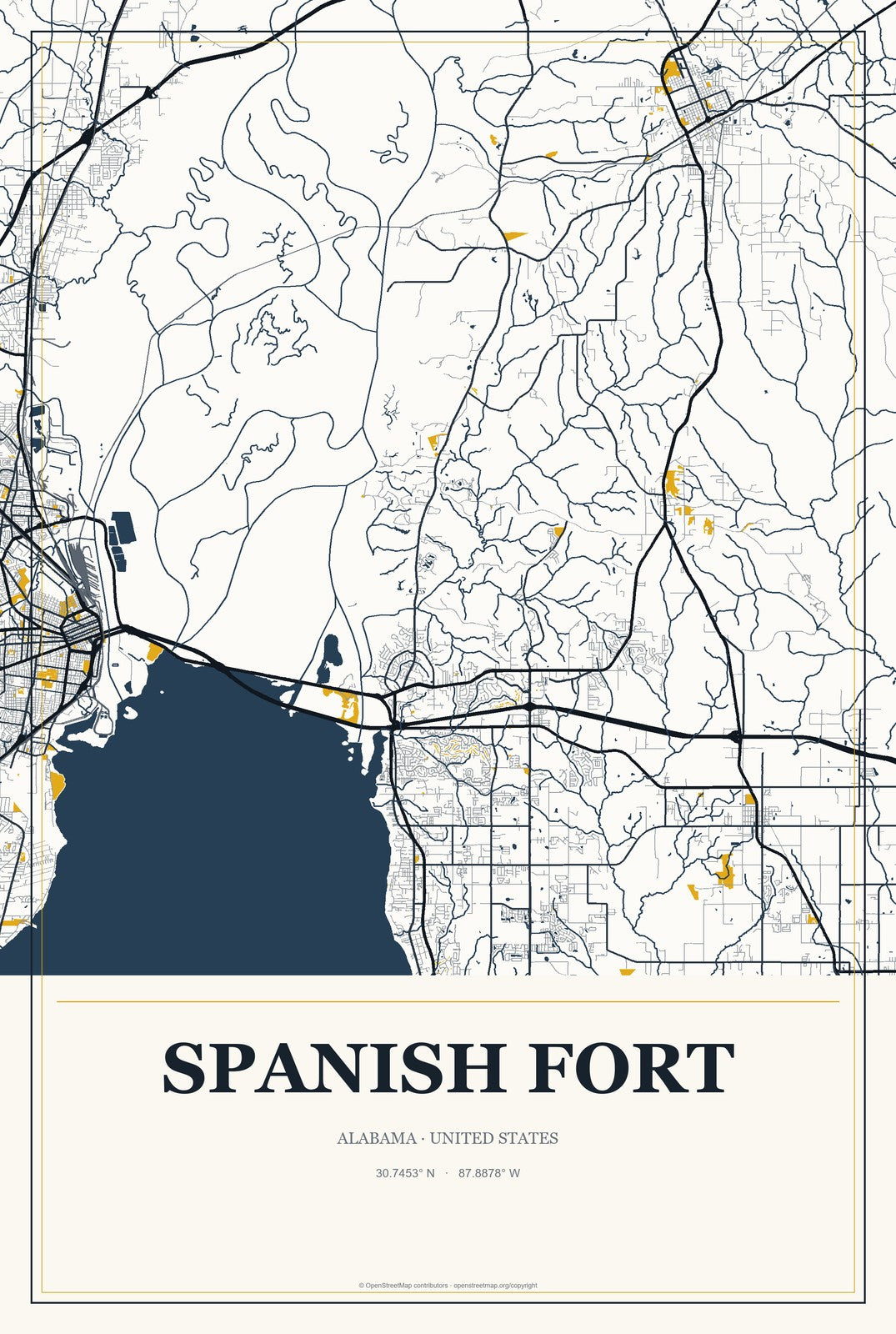 Spanish Fort, Alabama City Map Aluminum Sign in Citrine Modern style