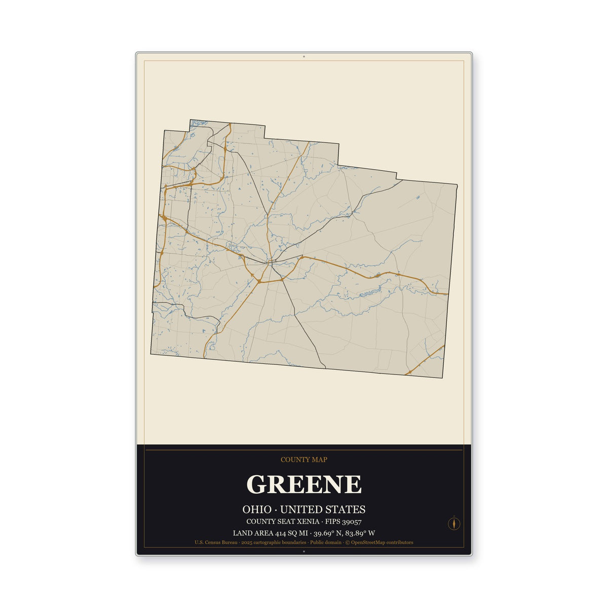 Greene County, Ohio Map Aluminum Sign in Museum Plaque style