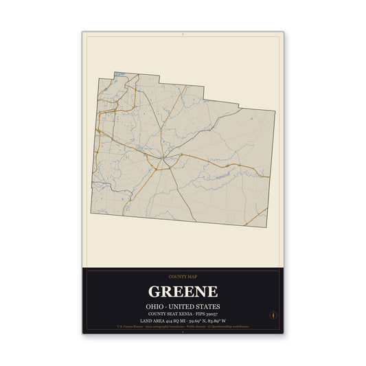 Greene County, Ohio Map Aluminum Sign in Museum Plaque style