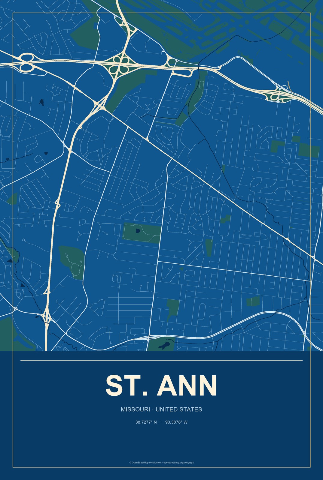 St. Ann, Missouri City Map Aluminum Sign in Harbor Cobalt style