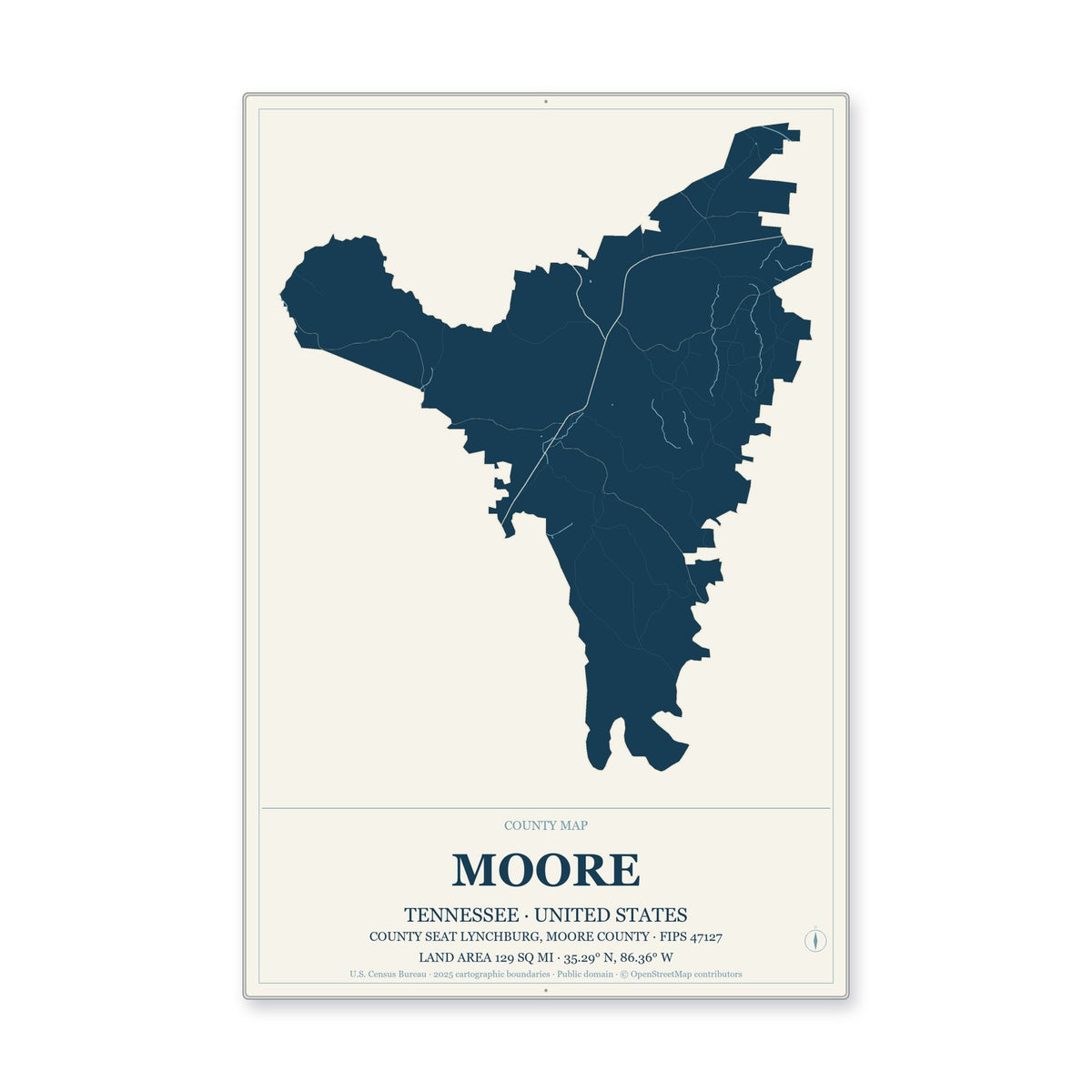 Moore County, Tennessee Map Aluminum Sign in Coastal Cutout style