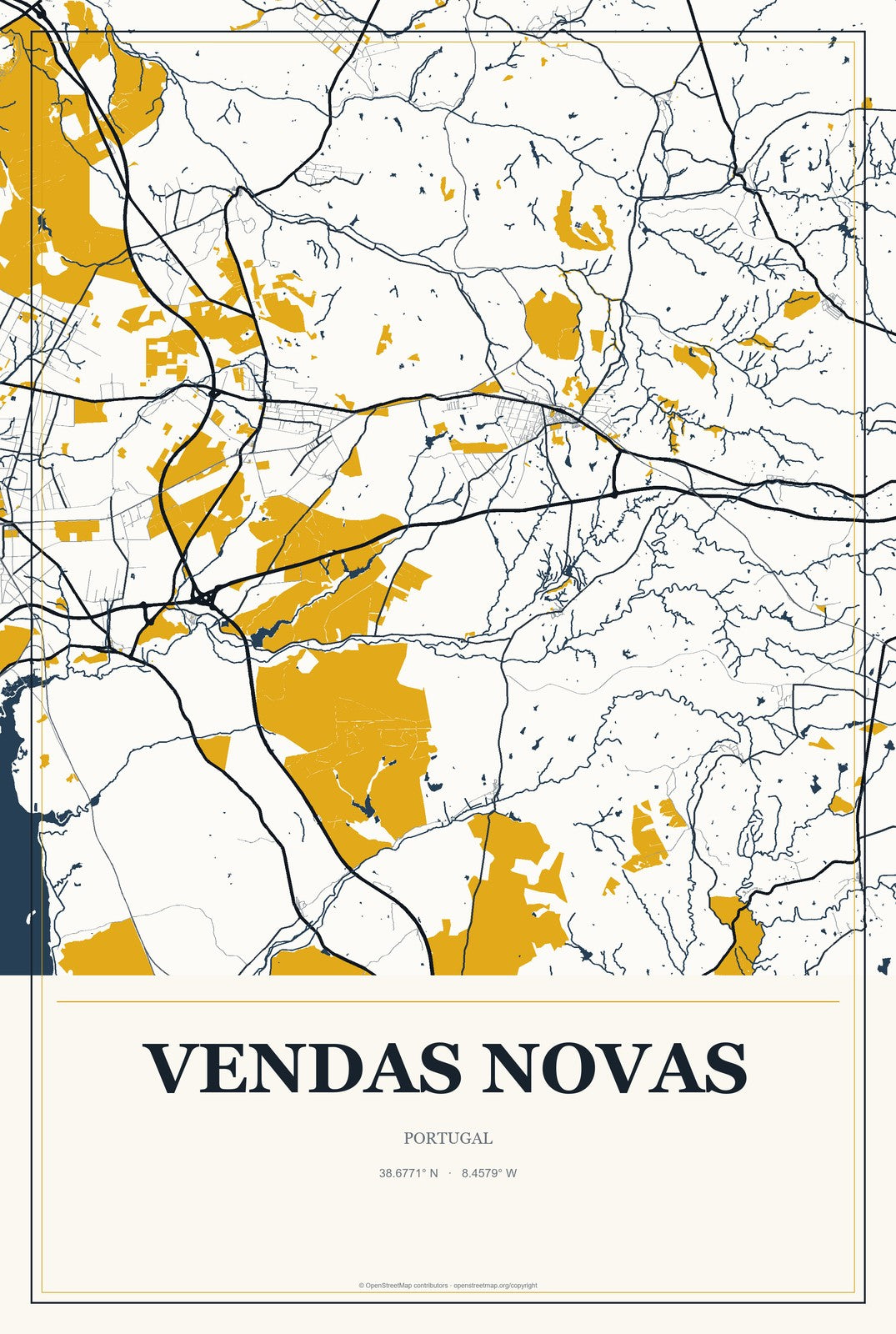 Vendas Novas, Portugal City Map Aluminum Sign in Citrine Modern style