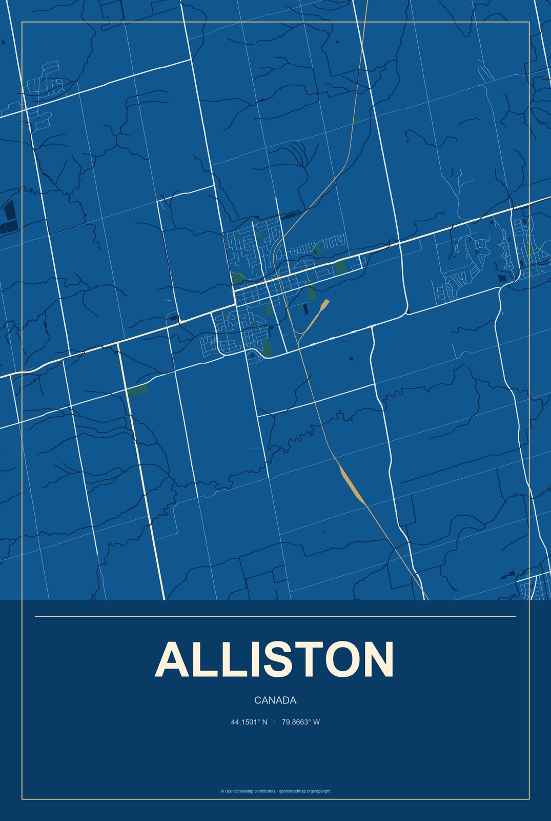 Alliston, Canada City Map Aluminum Sign in Harbor Cobalt style