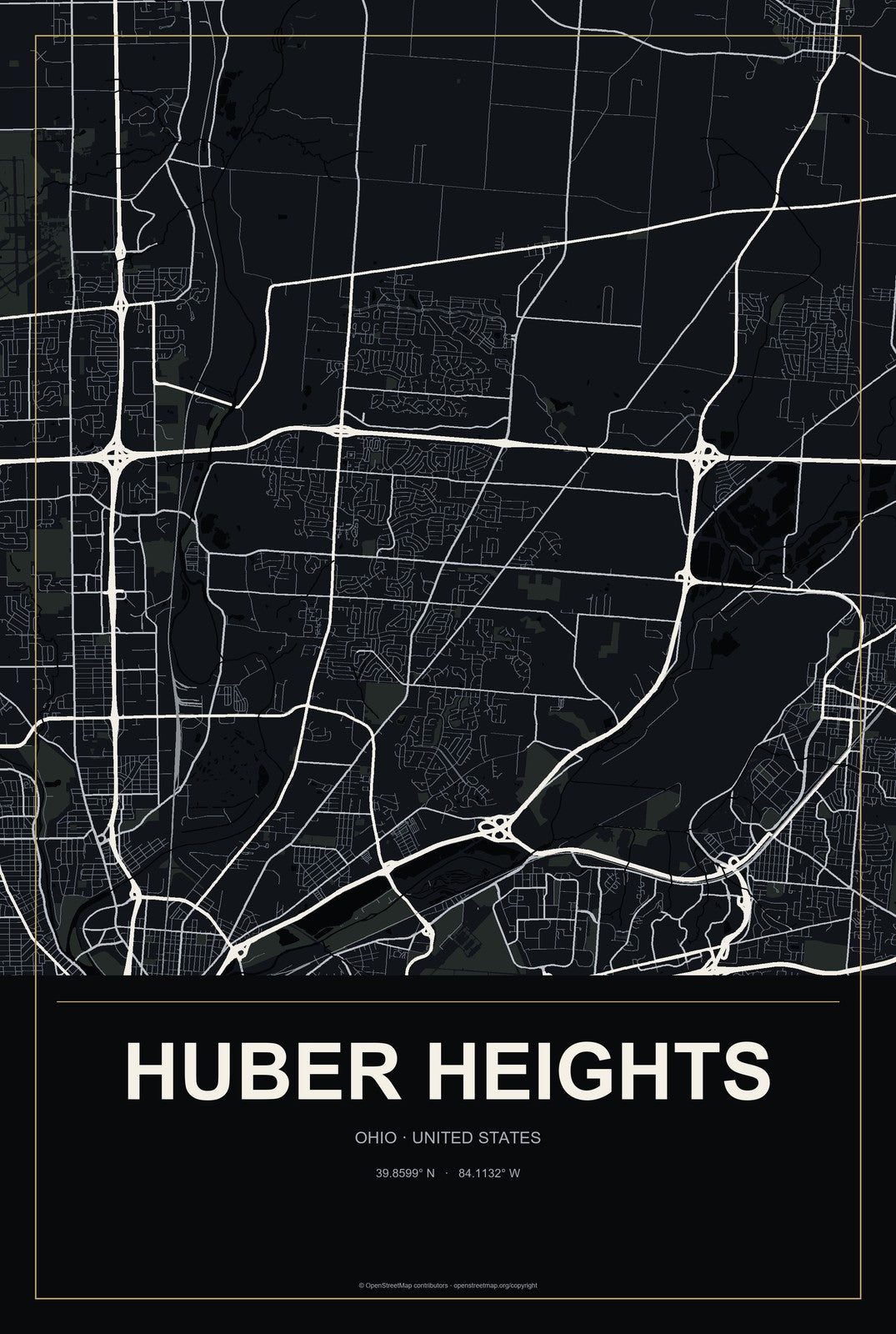 Huber Heights, Ohio City Map Aluminum Sign in Metropolitan Noir style