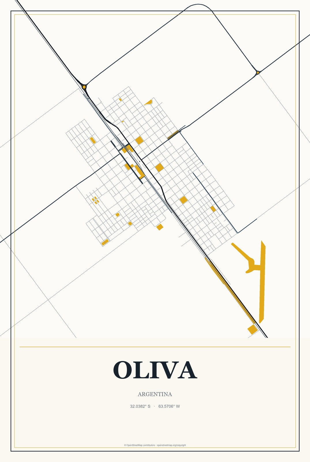 Oliva, Argentina City Map Aluminum Sign in Citrine Modern style