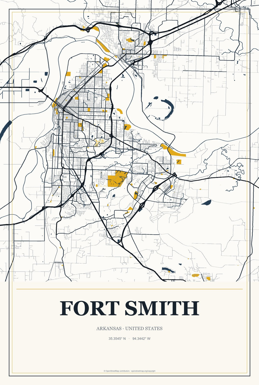 Fort Smith, Arkansas City Map Aluminum Sign in Citrine Modern style