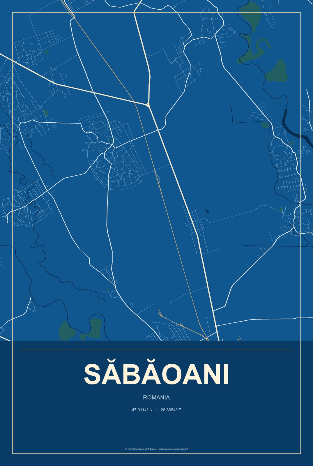 Săbăoani, Romania City Map Aluminum Sign in Harbor Cobalt style