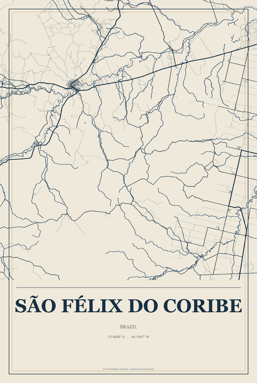 São Félix do Coribe, Brazil City Map Aluminum Sign in Coastal Cutout style