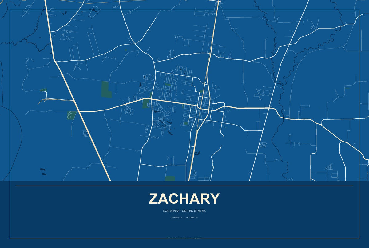 Zachary, Louisiana City Map Aluminum Sign in Harbor Cobalt style