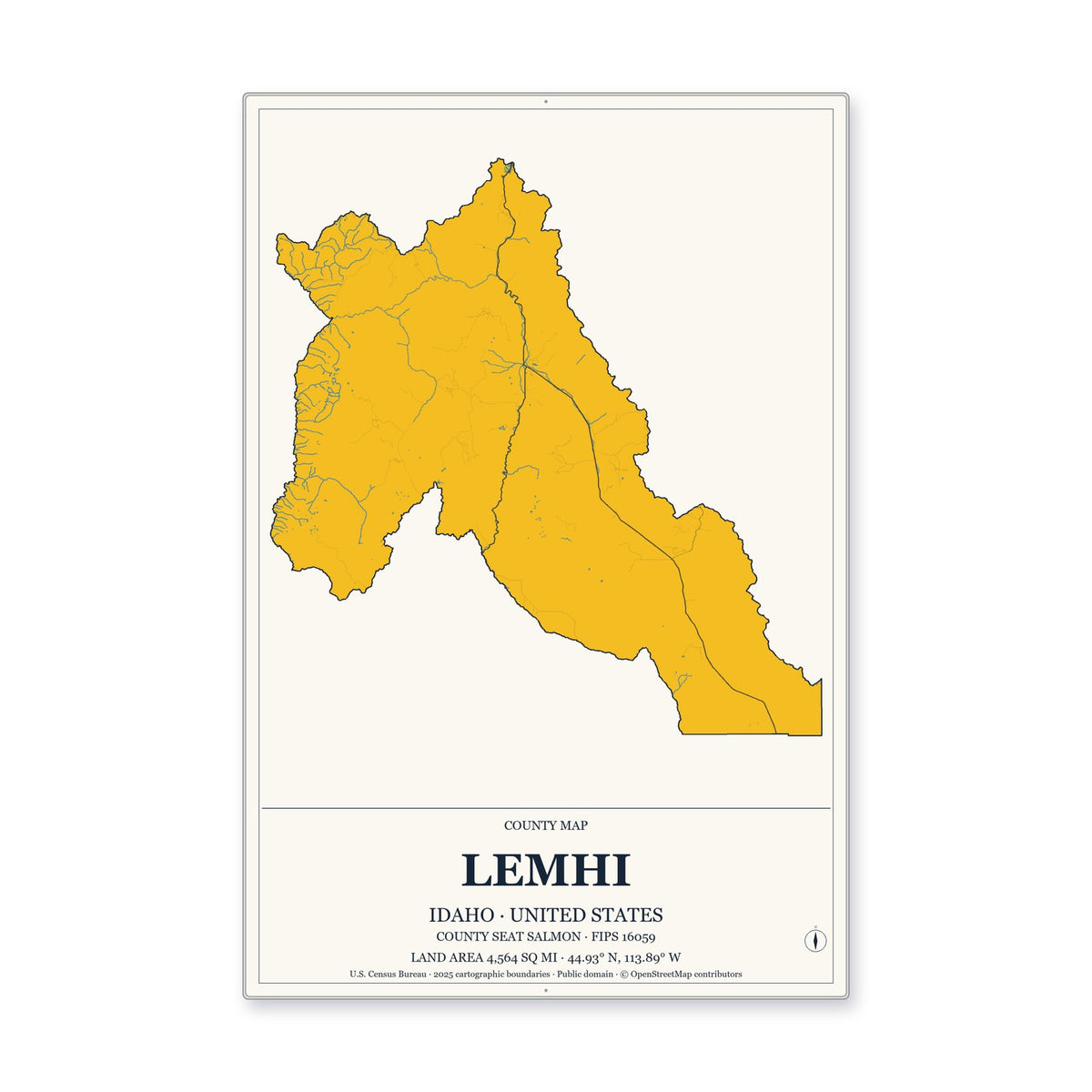 Lemhi County, Idaho Map Aluminum Sign in Citrine Modern style