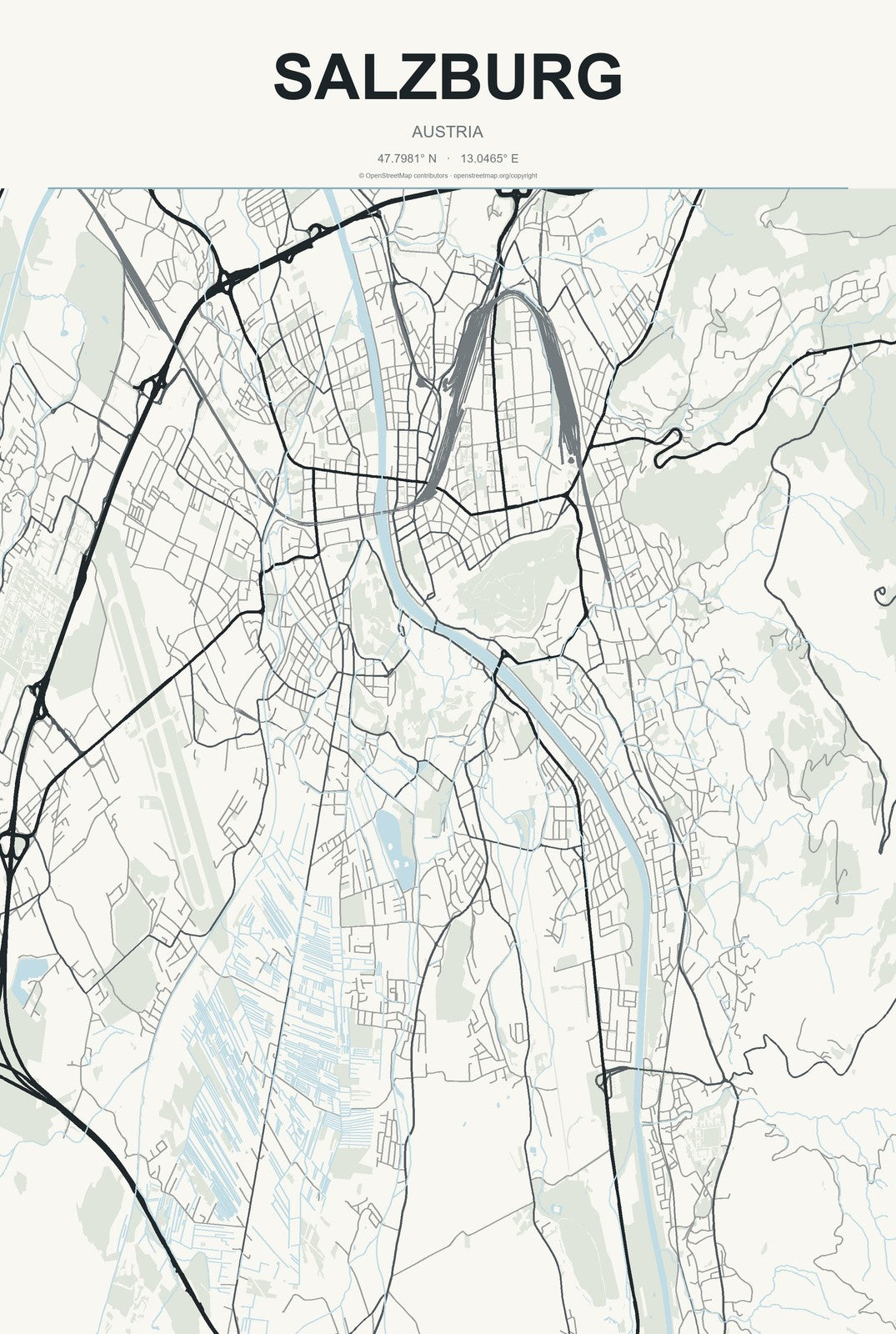Salzburg, Austria City Map Aluminum Sign in Headline Atlas style