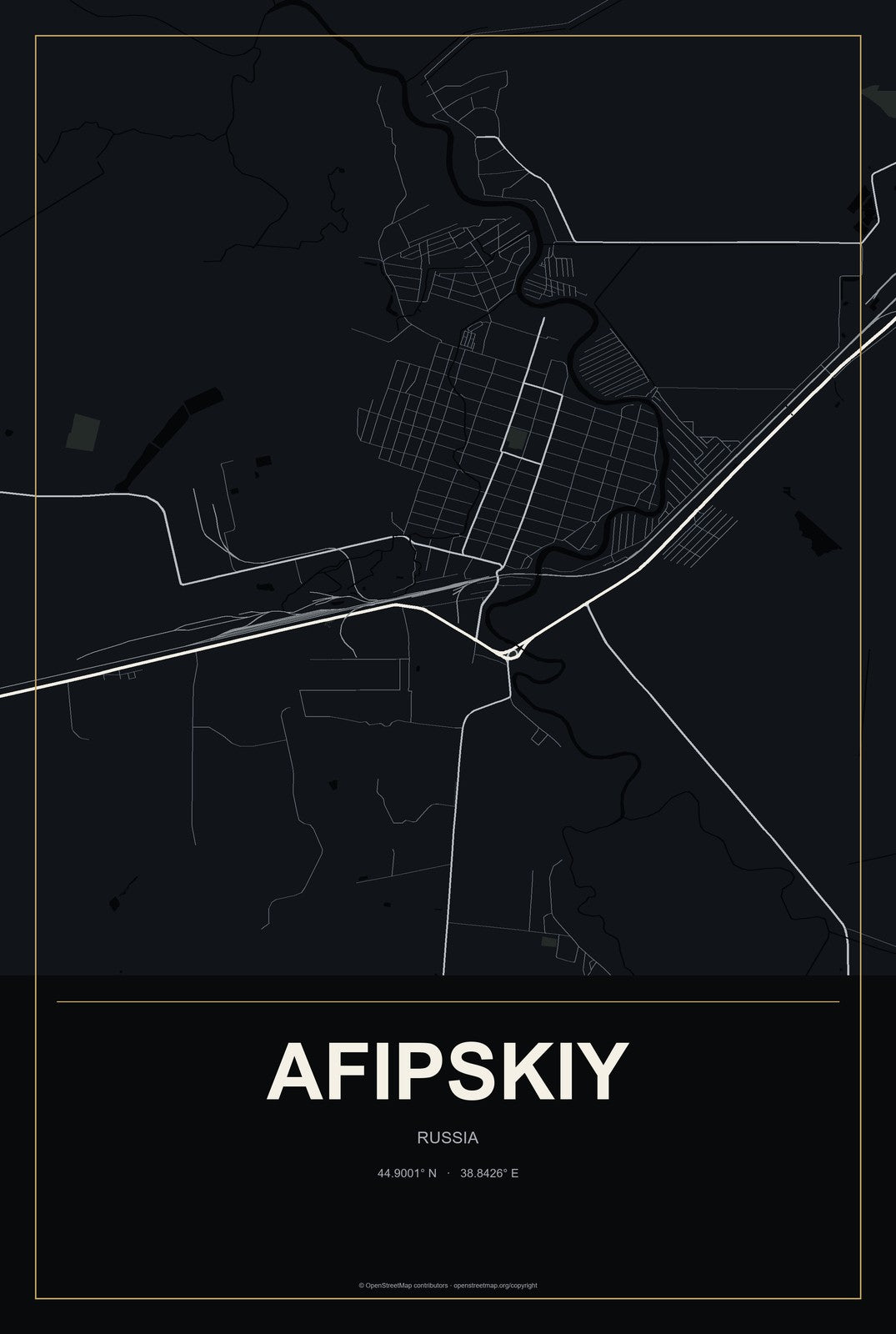 Afipskiy, Russia City Map Aluminum Sign in Metropolitan Noir style