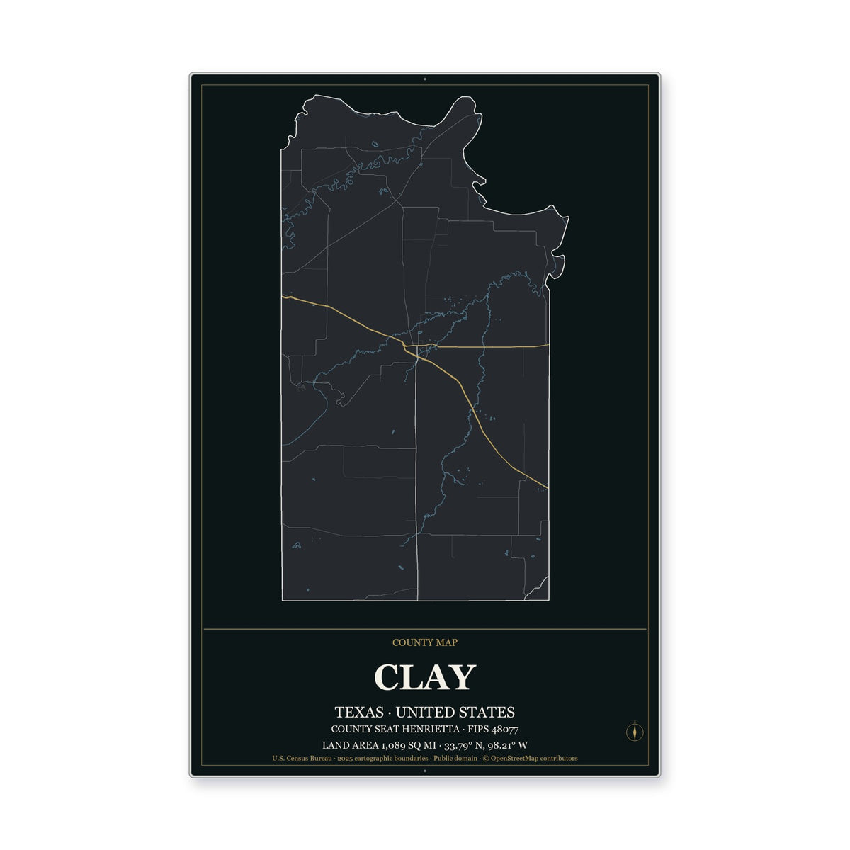 Clay County, Texas Map Aluminum Sign in Metropolitan Noir style
