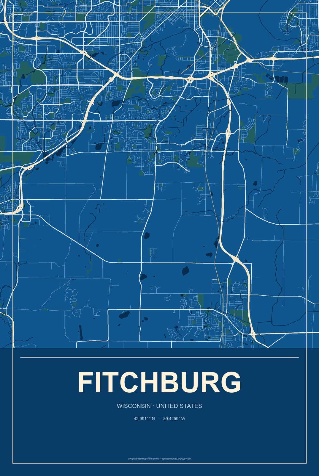 Fitchburg, Wisconsin City Map Aluminum Sign in Harbor Cobalt style