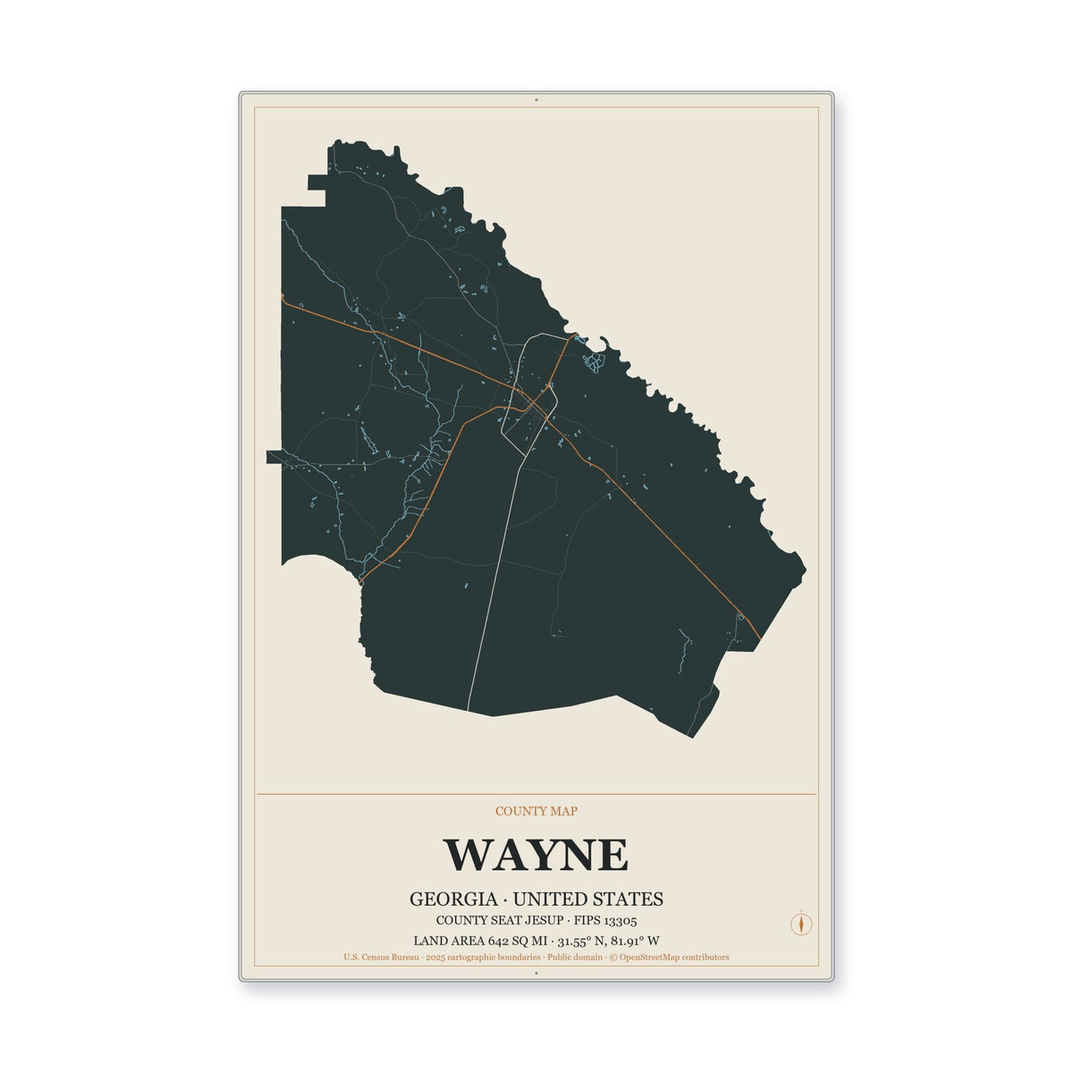 Wayne County, Georgia Map Aluminum Sign in Headline Atlas style