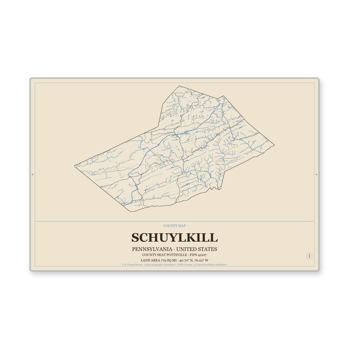 Schuylkill County, Pennsylvania Map Aluminum Sign in Heritage Nautical style