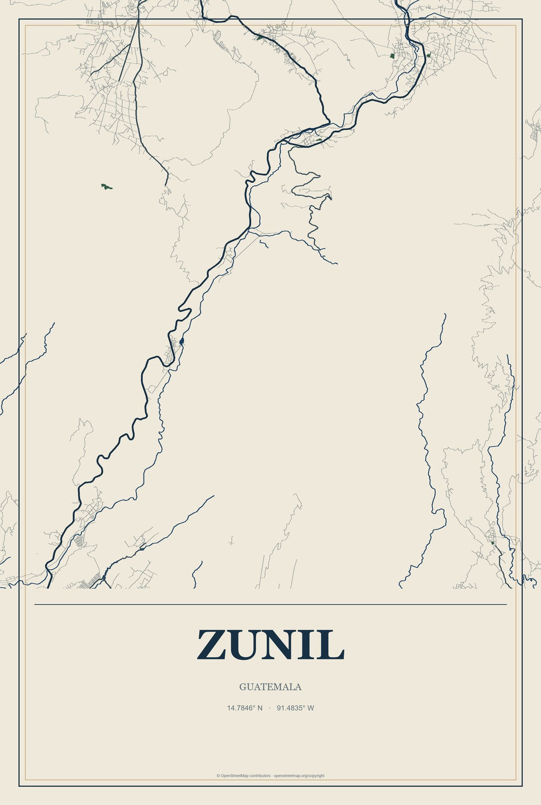 Zunil, Guatemala City Map Aluminum Sign in Coastal Cutout style