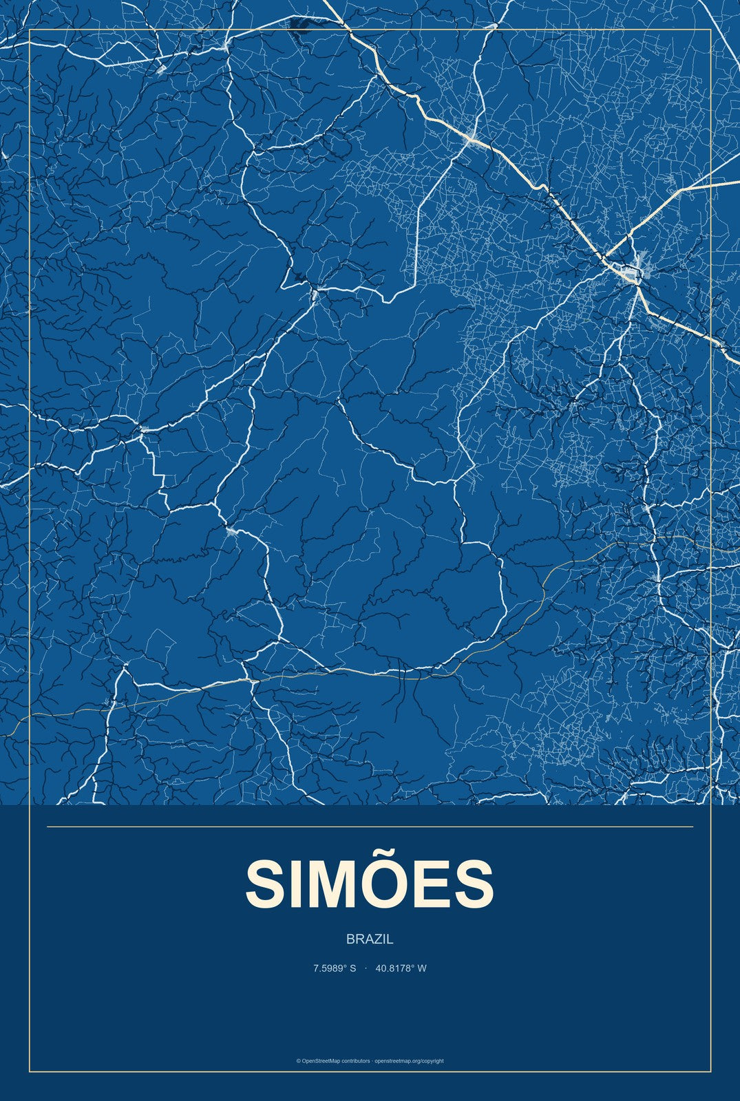 Simões, Brazil City Map Aluminum Sign in Harbor Cobalt style