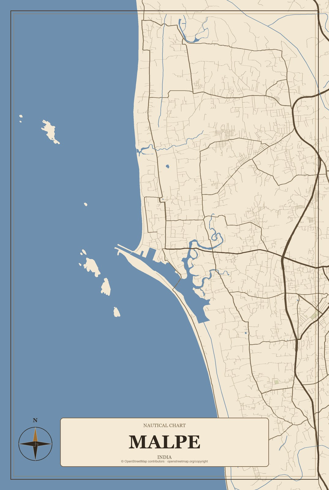 Malpe, India City Map Aluminum Sign in Heritage Nautical style