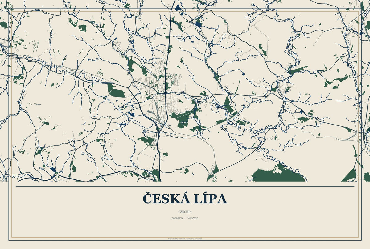 Česká Lípa, Czechia City Map Aluminum Sign in Coastal Cutout style